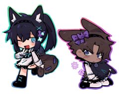 Rule 34 | 2boys, animal ears, black boots, black dress, black hairband, boots, bow, brown hair, cat ears, cat tail, chibi, closed mouth, crossdressing, dark-skinned female, dark skin, dress, full body, hair bow, hairband, heathcliff (project moon), highres, hong lu (project moon), kageyamakira, limbus company, long sleeves, multiple boys, pantyhose, parted bangs, ponytail, project moon, purple bow, purple eyes, shirt, simple background, tail, white background, white pantyhose, white shirt