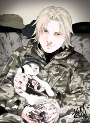 1boy :3 animal animal_focus animal_on_lap arm_tattoo army artist_name battle_scar blonde_hair camouflage cat clothed_animal combat_helmet couch cushion green_eyes hat helmet highres holding holding_animal holding_cat indoors kobayashi_niki looking_at_viewer messy_hair military military_combat_uniform military_hat military_uniform morale_patch neck_tattoo on_couch on_lap pillow real_life russo-ukrainian_war signature simple_background sitting smile tattoo twitter_username ukraine ukrainian_flag ukrainian_ground_forces whiskers white_cat woodland_camouflage