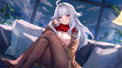 ahoge artist_request blue_eyes blunt_bangs breasts brown_coat brown_pantyhose cityscape cloud cloudy_sky coat couch cowlick cushion desk_lamp ember_amane_(loungewear) falling_star highres lamp large_breasts long_hair looking_at_viewer mole mole_under_eye night night_sky official_art pantyhose phase_connect plant potted_plant red_scarf scarf shirt sitting sky skyline sweater v virtual_youtuber white_hair white_sweater window