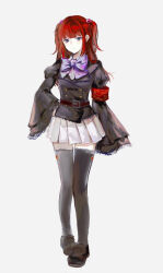 Rule 34 | 1girl, belt, black thighhighs, commentary request, full body, hiko (nekobako on), long hair, looking at viewer, pleated skirt, red hair, simple background, skirt, solo, thighhighs, two side up, umineko no naku koro ni, ushiromiya ange, white background, white skirt, wide sleeves