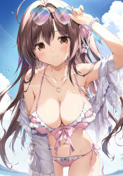 1girl aomi_kanon_(karory) bikini blue_sky breasts brown_eyes brown_hair cleavage closed_mouth cloud day eyewear_on_head frilled_bikini frills front-tie_bikini_top front-tie_top heart heart-shaped_eyewear highres karory large_breasts long_hair looking_at_viewer navel ocean original outdoors pink_bikini shirt sky sunglasses swimsuit wet white_shirt