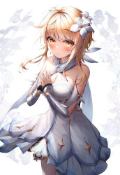 Rule 34 | 1girl, absurdres, bare shoulders, blonde hair, blush, breasts, cleavage, closed mouth, commentary request, detached sleeves, dress, flower, genshin impact, hair flower, hair ornament, highres, ichizon, leaf, looking at viewer, lumine (genshin impact), medium breasts, own hands together, paid reward available, partial commentary, plant, short hair with long locks, sleeveless, sleeveless dress, smile, solo, steepled fingers, sunlight, white background, white dress, white sleeves, yellow eyes