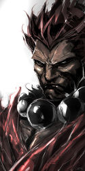 1boy akuma_(street_fighter) beads dark-skinned_male dark_skin dexter_soy dougi male_focus prayer_beads red_hair solo street_fighter topknot upper_body