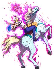 Rule 34 | 1boy, 1other, absurdres, aura, auretheaudio, blonde hair, blue lips, blue nails, blue pants, commentary, english commentary, hat, highres, holding, holding reins, hood, hoodie, horse, horseback riding, horseshoe, horseshoe hat ornament, johnny joestar, jojo no kimyou na bouken, makeup, male focus, pants, pointing, pointing at viewer, reins, riding, saddle, slow dancer (jojo), spoilers, stand (jojo), star (symbol), star print, steel ball run, transparent background, tusk (stand), tusk act1, white hat, white hoodie