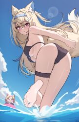1girl :3 absurdres alternate_costume animal_ear_fluff animal_ears ass bandaid bandaid_hair_ornament barefoot bikini black_bikini blonde_hair blue_hair blue_hairband blue_sky breasts closed_mouth cloud commentary crossed_bangs day dog_ears dog_girl dog_tail double-parted_bangs foot_up from_behind fuwawa_abyssgard hair_between_eyes hair_ornament hairband hairclip hashtag-only_commentary highres hololive hololive_english horn_hairband large_breasts long_hair looking_at_viewer looking_back mococo_abyssgard multicolored_hair ocean outdoors pink_eyes sky soles solo streaked_hair swimsuit tail thigh_gap thigh_strap toes two_side_up underboob virtual_youtuber wading water x_xith_x