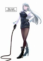 1girl ace_attorney alternate_hair_length alternate_hairstyle black_gloves black_shoes closed_mouth earrings franziska_von_karma full_body gloves grey_hair hand_on_own_hip high_heels highres holding holding_whip jewelry long_hair long_sleeves mole mole_under_eye pantyhose rat_nkmi shoes solo twitter_username whip white_background