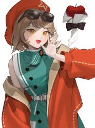 Rule 34 | 1girl, 1other, absurdres, apple, apple (reverse:1999), aqua bow, aqua dress, black bow, black bowtie, bow, bowtie, brown hair, buttons, commentary request, dress, eyewear on head, food, fruit, hand up, highres, jacket, korean commentary, long sleeves, looking at viewer, off shoulder, ogye 01, open mouth, orange eyes, red headwear, red jacket, regulus (reverse:1999), reverse:1999, short hair, simple background, sleeveless, sleeveless dress, smile, sunglasses, upper body, white background
