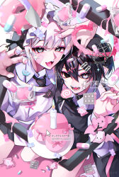 2boys :d artist_name bandaid bandaid_on_cheek bandaid_on_face black_eyes black_hair black_jacket black_necktie blush cake candle collared_shirt commentary_request cursor fangs food hair_ornament hairclip halo heart heart_halo heterochromia highres jacket kaminoq long_sleeves looking_at_viewer male_focus multicolored_nails multiple_boys necktie open_mouth original pill pill_hair_ornament pink_nails plate purple_nails shirt short_hair siblings slit_pupils smile teeth textless_version translation_request twins white_eyes white_hair white_shirt