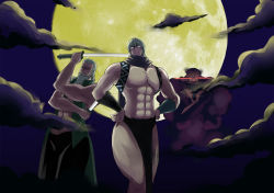 3boys abs ariadoszz bare_pectorals beard bracelet cloud dual_wielding facial_hair glasses glowing glowing_eyes green_jacket green_pants holding jacket jewelry jojo_no_kimyou_na_bouken konpaku_youki loincloth male_focus manly mannosuke moon morichika_rinnosuke multiple_boys muscular pants parody pectorals red_eyes short_hair silver_hair sword touhou unzan weapon