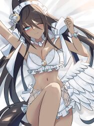 1girl absurdres alternate_costume animal_ears arm_up armpits black_hair blue_eyes blush bra bracelet breasts cleavage closed_mouth commentary_request dark-skinned_female dark_skin fake_wings hair_between_eyes highres horse_ears horse_girl horse_tail jewelry knee_up lingerie long_hair lying medium_breasts navel on_back one_eye_closed panties solo stomach symboli_kris_s_(umamusume) tail toriumi_(fioripera14) umamusume underwear underwear_only white_bra white_panties wings