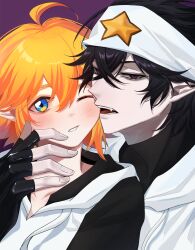 2boys absurdres ahoge aotu_world bandana biting biting_cheek black_gloves black_hair black_shirt blonde_hair blue_eyes blush chinese_commentary drawstring dunzia fang fingerless_gloves gloves hair_between_eyes hand_on_another&#039;s_cheek hand_on_another&#039;s_face hand_on_another&#039;s_neck headband highres hood hooded_jacket hoodie jacket king_(aotu_world) looking_at_viewer male_focus multiple_boys one_eye_closed open_mouth pointy_ears purple_background purple_eyes ray_(aotu_world) shirt short_hair simple_background star_(symbol) star_print turtleneck white_headband white_hoodie white_jacket yaoi