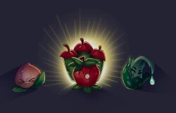 &gt;_&lt; :o ^_^ aloe_(plant) aloe_(plants_vs._zombies) apple apple_mortar backlighting butcher_vanity_(synthesizer_v) clenched_teeth closed_eyes commentary facing_viewer food freckles fruit grey_background heavenly_peach_(plants_vs._zombies) leaf looking_at_viewer no_humans no_mouth one_eye_closed open_mouth peach plant plant_focus plants_vs._zombies plants_vs._zombies_2 plants_vs._zombies_2_(chinese) saliva shadow simple_background sweat symbol-only_commentary teeth veghia