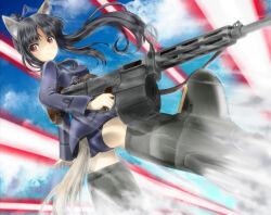 1girl animal_ears black_hair blue_jacket blue_one-piece_swimsuit blue_sky brown_eyes cloud cloudy_sky dog_ears dog_girl dog_tail flying gun hattori_shizuka highres holding holding_gun holding_weapon jacket laser long_hair looking_back memory_(prophet5) military military_uniform one-piece_swimsuit sky solo strike_witches striker_unit swimsuit swimsuit_under_clothes tail type_99_cannon weapon world_witches_series