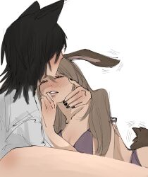 2girls absurdres animal_ears black_hair black_nails bra brown_hair closed_eyes commentary english_commentary hand_blush hand_on_another&#039;s_face highres long_hair medium_hair motion_lines multiple_girls original parted_lips purple_bra rabbit_ears rabbit_tail shirt simple_background strap_slip tail tail_wagging underwear vladilena_millize white_background white_shirt wolf_ears y4ntaoist yuri