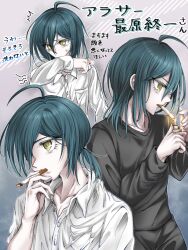 Rule 34 | 1boy, ahoge, alternate hairstyle, black hair, black shirt, brown eyes, cigarette, collarbone, danganronpa (series), danganronpa v3: killing harmony, dress shirt, gradient background, grey background, hair over one eye, highres, long hair, long sleeves, medium hair, moon (moon0771110), multiple views, ponytail, saihara shuichi, shirt, smoking, translation request, white shirt