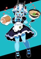 1girl apron black_dress black_shoes blue_skin blush boned_meat colored_skin dress ear_piercing flat_chest food full_body hair_between_eyes heart heart_hands highres horns looking_at_viewer maid maid_apron meat noodles oni open_mouth orange_eyes piercing pointy_ears ramen shoes skin-covered_horns smile solo soukaku_(zenless_zone_zero) speech_bubble tail tsukinoha_mio two-tone_background white_apron white_hair zenless_zone_zero