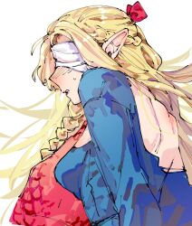 2girls blindfold blonde_hair blush claws commentary_request dohwa110 dungeon_meshi falin_touden falin_touden_(chimera) hair_ribbon highres korean_commentary long_hair marcille_donato multiple_girls pointy_ears red_ribbon ribbon white_blindfold yuri