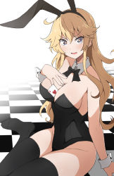 1girl animal_ears between_breasts black_leotard black_thighhighs blonde_hair blush breasts card card_between_breasts checkered_floor cleavage commission detached_collar fake_animal_ears grey_eyes groin hair_between_eyes highres iowa_(kancolle) kantai_collection large_breasts leotard long_hair looking_at_viewer nel-c open_mouth playboy_bunny rabbit_ears sitting skeb_commission smile solo star-shaped_pupils star_(symbol) symbol-shaped_pupils thighhighs v-shaped_eyebrows wrist_cuffs yokozuwari