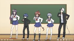 Rule 34 | 1boy, 3girls, ahoge, black hair, black pants, black shirt, blue eyes, blue hair, blue sailor collar, blue skirt, braid, braided ponytail, brown eyes, brown hair, chalkboard, closed eyes, closed mouth, collared shirt, commentary, contrapposto, dot mouth, fake video, flower, foreshortening, full body, gakuran, grey hair, hair flower, hair ornament, hair rings, hairband, hand on own hip, hare hare yukai, indoors, long hair, luo tianyi, minahoshi taichi, miniskirt, mo qingxian, multiple girls, neckerchief, open clothes, open mouth, open shirt, outstretched arm, pants, parody, pleated skirt, pointing, purple hair, red neckerchief, sailor collar, school uniform, serafuku, shirt, skirt, smile, standing, suzumiya haruhi no yuuutsu, v-shaped eyebrows, very long hair, vocaloid, vsinger (vocaloid), white footwear, white hair, white shirt, wide shot, wooden floor, yellow flower, youtube, yuezheng ling, yuezheng longya, zhiyu moke