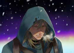1boy blue_cloak blue_shirt breath brown_eyes brown_hair cloak closed_mouth commentary dated_commentary earrings expressionless hood hood_up hooded_cloak jewelry looking_down male_focus medium_hair purple_background ragnarok_online shadow_cross_(ragnarok_online) shirt snowing solo upper_body z.i