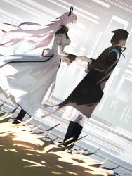 Rule 34 | 1girl, 1other, absurdres, ambiguous gender, arknights, doctor (arknights), dress, eve (meltdown), highres, holding hands, hood, hooded jacket, horns, jacket, long hair, long sleeves, looking at another, pink eyes, pink hair, theresa (arknights), very long hair, white dress