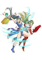 2girls absurdres arms_up autumn-sacura bag blue_shoes boots box breasts christmas cleavage cleavage_cutout closed_eyes clothing_cutout elbow_gloves erinys_(fire_emblem) fire_emblem fire_emblem:_the_blazing_blade fire_emblem_heroes fur_trim gift gift_box gloves green_hair highres long_hair lyn_(fire_emblem) multiple_girls nintendo open_mouth ponytail red_gloves second-party_source shoes shopping_bag side_slit smile thigh_boots
