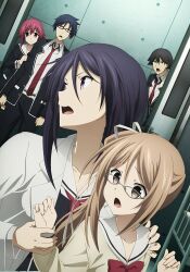 Rule 34 | 3girls, artist request, black hair, black jacket, blue hair, brown eyes, brown hair, chaos;child, fingernails, glasses, hekiho academy school uniform, highres, holding another&#039;s wrist, itou shinji (chaos;child), jacket, kunosato mio, long hair, long sleeves, looking back, loose necktie, miyashiro takuru, multiple boys, multiple girls, necktie, official art, one side up, onoe serika, open collar, open mouth, pink eyes, pink hair, purple eyes, purple hair, red necktie, sailor collar, school uniform, short hair, surprised, tongue, yamazoe uki
