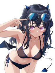 1girl absurdres alternate_costume armpits bikini black_bikini black_hair black_nails breasts cleavage collarbone crossed_bangs hair_between_eyes heart heart_tail highres ichinose_uruha leaning_forward long_hair looking_at_viewer low_wings mea_mememea multicolored_hair navel parted_lips purple_eyes side-tie_bikini_bottom simple_background small_horns solo streaked_hair sunglasses swimsuit tail two_side_up virtual_youtuber vspo! white_background wings