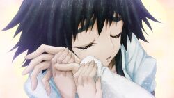 1boy 1girl black_bow black_hair black_trim blue_dress blurry blurry_background bob_cut bow chest_bow closed_eyes coat collar collarbone crying dress fingernails frilled_collar frills game_cg hand_grab hand_on_another&#039;s_cheek hand_on_another&#039;s_face highres huke lab_coat leaning_on_person long_sleeves medium_hair non-web_source official_art okabe_rintarou open_mouth pink_frills puffy_short_sleeves puffy_sleeves shiina_mayuri shiny_lips short_sleeves steins;gate steins;gate:_linear_bounded_phenogram streaming_tears tareme tears thick_eyebrows tongue white_coat yellow_background