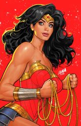 1girl black_hair blue_eyes bracer breasts david_nakayama dc_comics highres holding_lasso initial lasso lasso_of_truth leotard long_hair looking_to_the_side medium_breasts red_background red_leotard solo strapless strapless_leotard tiara wonder_woman wonder_woman_(series)