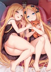 2girls abigail_williams_(fate) ass barefoot black_bow black_camisole blonde_hair blue_eyes bow breasts camisole dual_persona fang fate/grand_order fate_(series) feet forehead hair_bow highres keyhole legs long_hair milkshakework multiple_girls multiple_hair_bows orange_bow panties parted_bangs polka_dot polka_dot_bow red_eyes small_breasts smug stuffed_animal stuffed_toy teddy_bear underwear white_panties