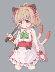 1girl :p ahoge apron bare_shoulders blonde_hair emil_chronicle_online empty_eyes false_smile frilled_apron frilled_hairband frilled_wristband frills green_ribbon grey_background hairband highres holding holding_knife kitchen_knife kitune47 knife pink_ribbon red_eyes ribbon smile tentacle_alma tongue tongue_out white_apron
