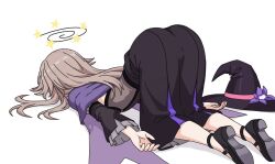 1girl ass black_dress black_hat black_shoes defeat dress grey_hair hat herta_(honkai:_star_rail) honkai:_star_rail honkai_(series) long_hair long_sleeves prickly-chan_(ycactussprout) shoes solo star_(symbol) the_herta_(honkai:_star_rail) top-down_bottom-up unworn_hat unworn_headwear witch_hat