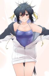 1girl adapted_costume bare_shoulders black_hair black_hoodie blonde_hair blue_one-piece_swimsuit blush cowboy_shot highres hood hood_down hoodie kemono_friends long_sleeves multicolored_hair one-piece_swimsuit open_clothes open_hoodie orange_eyes penguin_girl penguin_tail red_hair rockhopper_penguin_(kemono_friends) short_hair short_twintails smile solo spaghetti_strap swimsuit tail twintails two-tone_hoodie white_hair white_hoodie white_trim wifi1981321