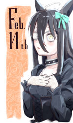 1girl absurdres ahoge animal_ears birthday black_choker black_corset black_dress black_hair blush bow breasts choker corset dated dress ear_bow eyepatch green_bow hair_between_eyes hands_on_own_chest highres horse_ears horse_girl long_bangs long_hair long_hair_between_eyes long_sleeves manhattan_cafe_(umamusume) multicolored_hair parted_lips ringring_(artist) small_breasts solo umamusume white_hair yellow_eyes