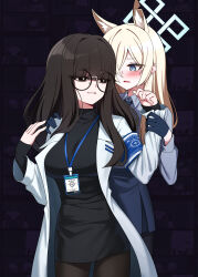 Rule 34 | 2girls, absurdres, animal ears, armband, black eyes, black gloves, black hair, black jacket, black pantyhose, black shirt, blonde hair, blue archive, blue armband, blue eyes, blue halo, blue necktie, blue shirt, dog ears, female sensei (blue archive), glasses, gloves, halo, highres, jacket, kanna (blue archive), lab coat, multiple girls, name tag, necktie, pantyhose, sensei (blue archive), shirt, tost (cloi123)