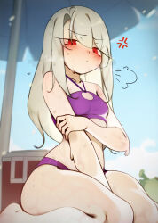 1girl absurdres anger_vein barefoot beach beach_umbrella bikini blue_sky blush commentary cooler deko_morii fate/stay_night fate_(series) highres illyasviel_von_einzbern long_hair puff_of_air purple_bikini red_eyes sitting sky smile solo swimsuit umbrella wariza white_hair
