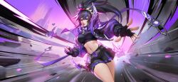 1girl alternate_costume ammunition_pouch black_hair blue_eyes breasts choker combat_knife fingerless_gloves gloves jacket knife large_breasts leona_heidern long_hair metal_slug metal_slug_awakening midriff multicolored_hair navel official_alternate_costume official_art open_clothes open_jacket ponytail pouch purple_jacket soldier solo the_king_of_fighters weapon