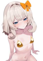 1girl absurdres bikini blue_eyes blush bow closed_mouth collarbone flat_chest gold_bikini grey_hair hair_bow hair_intakes highres marimari_(vtuber) navel newjeffy7210 orange_bow phase_connect short_eyebrows solo swimsuit virtual_youtuber white_background