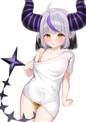 1girl absurdres ahoge between_legs bikini bikini_under_clothes black_hair blush breasts clothes_pull commentary_request cowboy_shot demon_girl demon_horns ear_piercing gold_bikini grey_hair highres hololive horns la+_darknesss looking_at_viewer multicolored_hair no_pants open_mouth piercing pointy_ears pulling_own_clothes purple_hair sawamaru_0528 shirt shirt_pull short_hair short_sleeves simple_background small_breasts solo star_(symbol) streaked_hair striped_horns swimsuit tail tail_between_legs thighs virtual_youtuber white_background white_shirt yellow_eyes