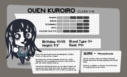 black_hair boku_no_hero_academia chibi collared_shirt commentary english_commentary english_text grey_jacket jacket monochrome necktie original red_necktie redringo188 school_uniform shirt solo stats u.a._school_uniform white_shirt white_streaks