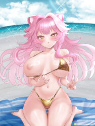 1girl :o animal_ears bare_shoulders beach bikini bikini_top_lift blush breasts censored censored_nipples clothes_lift cloud cloudy_sky collarbone day fingernails hair_intakes highres hiroshi_shin hololive hololive_english kneeling large_breasts lifting_own_clothes long_hair looking_at_viewer mosaic_censoring multicolored_hair nail_polish navel nipples ocean one_breast_out open_mouth outdoors panther_ears panther_girl pink_hair pink_nails raora_panthera sand sky solo stomach streaked_hair swimsuit thighs v virtual_youtuber yellow_bikini yellow_eyes