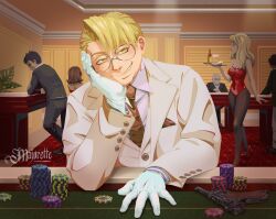 Rule 34 | 1boy, absurdres, artist name, blonde hair, formal clothes, glasses, gloves, gun, handgun, hellsing, highres, luger p08, major (hellsing), majorette (artist), nazi, necktie, people, poker chip, poker table, short hair, smile, solo focus, suit, table, weapon, white gloves, white suit