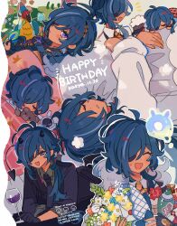 1boy :d antenna_hair bat_wings bird black_gloves black_jacket black_necktie blanket blue_hair bottle bouquet braid chibi closed_eyes collared_shirt cup demon_tail drinking_glass earrings eyepatch fang fingerless_gloves floating_earring flower formal_clothes from_side fur_trim genshin_impact gloves grey_shirt hair_over_one_eye hair_over_shoulder half-closed_eye happy_birthday highres holding holding_bottle holding_bouquet holding_stuffed_toy jacket jewelry kaeya_(genshin_impact) kaeya_(sailwind_shadow)_(genshin_impact) long_hair long_sleeves looking_at_viewer lying male_focus multicolored_hair multiple_views myoco necktie on_side on_stomach one_eye_covered open_mouth parted_bangs pillow plant ponytail profile purple_eyes red_flower shirt single_braid sleeping smile star-shaped_pupils star_(symbol) streaked_hair stuffed_animal stuffed_toy suit sweatdrop swept_bangs symbol-shaped_pupils tail teddy_bear under_covers upper_body watermark white_flower white_shirt white_sleeves wine_glass wings yellow_flower