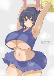 1girl absurdres animal_ears armpits arms_up black_hair blush brave_witches breasts cheerleader closed_mouth dated highres large_breasts looking_at_viewer miniskirt navel pom_pom_(cheerleading) rabbit_ears red_eyes shimohara_sadako short_hair signature skirt smile solo sweat underboob unkai_daraku world_witches_series