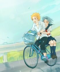 1boy 1girl bicycle bicycle_basket blue_hair blush full_body konan_(naruto) meitarou naruto_(series) naruto_shippuuden open_mouth orange_eyes orange_hair outdoors pants rain school_uniform shirt shoes short_hair skirt socks yahiko_(naruto)