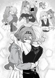 Rule 34 | 2girls, 7nosuke, ascot, blush, carrying, checkered hairband, closed eyes, coat, collared shirt, commentary, covering face, dress, english commentary, gloves, greyscale, hair bun, hairband, highres, hug, hug from behind, long hair, long sleeves, monochrome, multiple girls, pants, pleated skirt, princess carry, reverse:1999, shirt, single side bun, skirt, smile, sonetto (reverse:1999), two side up, vertin (reverse:1999), very long hair, yuri