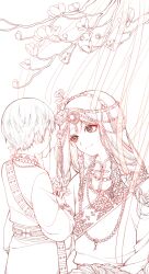 1boy 1girl absurdres aged_down baihua_er bead_necklace beads branch child chinese_clothes dao_mu_bi_ji face-to-face flower from_behind hair_beads hair_flower hair_ornament highres holding holding_flower jewelry lineart long_hair monochrome mother_and_son necklace shirt short_hair tibetan_clothes zhang_qiling