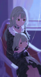 1girl bang_dream! bang_dream!_it&#039;s_mygo!!!!! black_dress blurry chiyo_kami closed_mouth commentary_request depth_of_field dress grey_hair highres holding_own_arm hugging_doll hugging_object indoors long_hair long_sleeves looking_down mortis_(bang_dream!) mortis_(costume)_(bang_dream!) neck_garter night on_chair sitting solo string wakaba_mutsumi