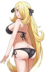 1girl ass back bare_arms bare_legs bikini black_bikini blonde_hair breasts cynthia_(pokemon) from_behind grey_eyes hair_ornament hair_over_one_eye halterneck highres large_breasts long_hair maho_(corotonton5150) nintendo parted_lips pokemon pokemon_dppt side-tie_bikini_bottom smile solo swimsuit very_long_hair